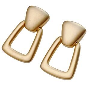 Vintage Matte Gold Tone Geometric Drop Doorknocker Earrings Modernist 80s Hinged